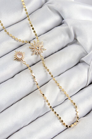  Pirinç Zirkon Taşlı Ezme Zincirli Kutup Yıldızı Model Gold Renk Y Kolye