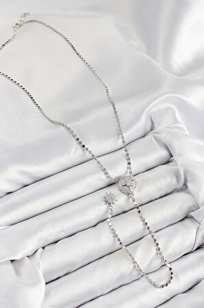  Pirinç Zirkon Taşlı Ezme Zincirli Madalyon Model Gümüş Renk Y Kolye