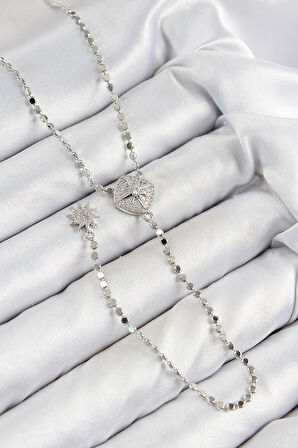  Pirinç Zirkon Taşlı Ezme Zincirli Madalyon Model Gümüş Renk Y Kolye