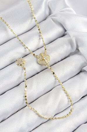 Pirinç Zirkon Taşlı Ezme Zincirli Madalyon Model Gold Renk Y Kolye