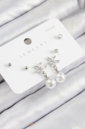  Pirinç Zirkon Taşlı İnci Sallantılı Çiçek Model Gümüş Renk 925 Ayar Gümüş Çivi Kadın Küpe Set