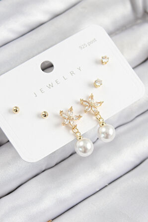  Pirinç Zirkon Taşlı İnci Sallantılı Çiçek Model Gümüş Renk 925 Ayar Gümüş Çivi Kadın Küpe Set