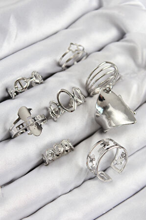  Pirinç Sarmal Ve Yıldız Model Gümüş Renk Kadın Yüzük Kombin Set