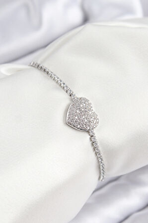  Pirinç Zirkon Taşlı Kalp Model Gümüş Renk Asansörlü Kadın Bileklik