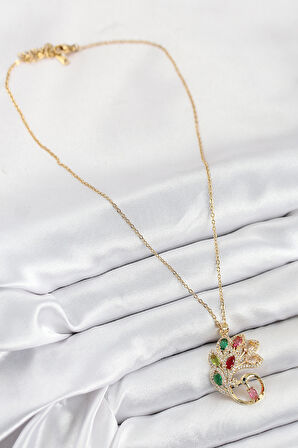  316L Çelik Zirkon Taşlı Tavus Kuşu Model Gold Renk Kadın Kolye