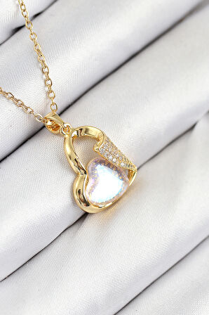  316L Çelik Zirkon Taşlı Kalp Model Gold Renk Kadın Kolye