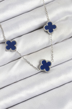  316L Çelik Zincir Gümüş Lacivert Renk Yonca Kadın Kolye