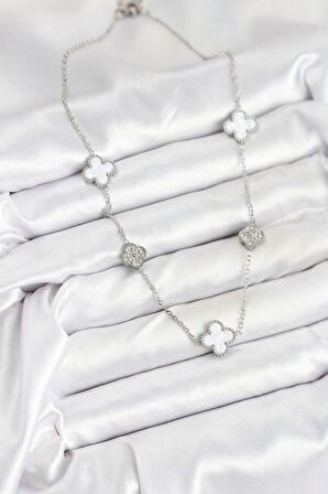  316L Çelik Zincir Gümüş Renk Beyaz ve Zirkon Taşlı Yonca Kadın Kolye