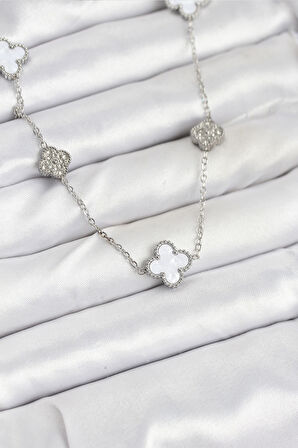  316L Çelik Zincir Gümüş Renk Beyaz ve Zirkon Taşlı Yonca Kadın Kolye