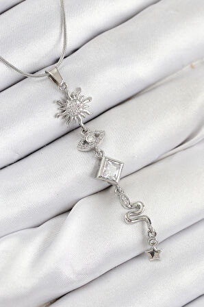  316L Çelik Zirkon Taşlı Güneş Ve Ay Enerji Model Gümüş Renk Kadın Kolye