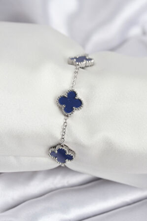  316L Çelik Zincir Gümüş Renk Lacivert Yonca Kadın Bileklik