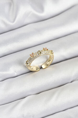  Pirinç Gold Renk Zirkon Taşlı Vintage Kadın Yüzük