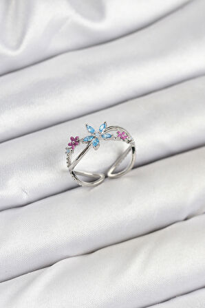  Pirinç Gümüş Renk Zirkon Taşlı Mavi Çiçekli Kadın Yüzük