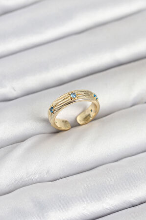  Pirinç Gold Renk Mavi Zirkon Taşlı Kutup Yıldızı Model Kadın Yüzük