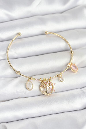  Hayat Ağacı Charmlı Gold Renk Pirinç Kadın Bileklik