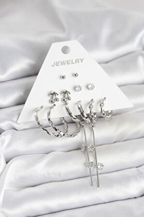  Gümüş Renk Pirinç 6'lı Kadın Küpe Seti