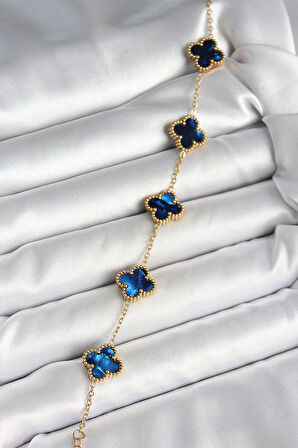  316L Çelik Sedefli Lacivert Gold Renk Yonca Kadın Bileklik