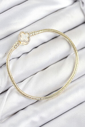  Pirinç Charm Zirkon Taşlı Yonca Model Gold Renk Kadın Bileklik