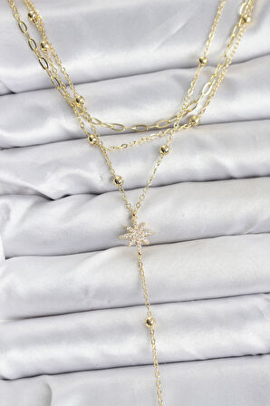 Pirinç Gold Renk Kutup Yıldızı Detaylı 3'lü Kombin Kadın Kolye