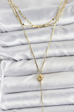 Pirinç Gold Renk Düğüm Model Detaylı 3'lü Kombin Y Kadın Kolye