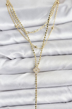 Pirinç Gold Renk Zirkon Taşlı Yonca Model Detaylı 3'lü Kombin Y Kadın Kolye