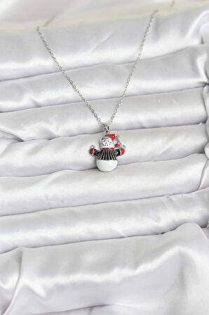 Gümüş Renk Kardan Adam Figürlü Yılbaşı Temalı Kadın Kolye (316L Çelik Zincir) 