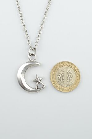Ay Yıldız Erkek Kadın Kolye Antik Gümüş Kaplama - 60 cm Düz Zincir