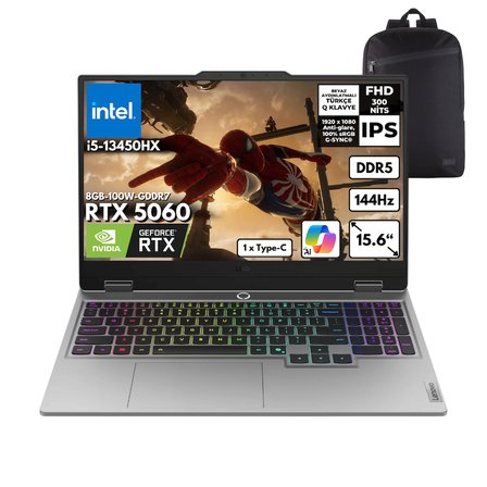 Lenovo LOQ i5-13450HX 40-GBDDR5 1 TBSSD RTX5060 (8GB-100W-GDDR7) 15.6" FHD Windows 11 Pro + HMF Sırt Çantası 83JE00ENTRHMF24