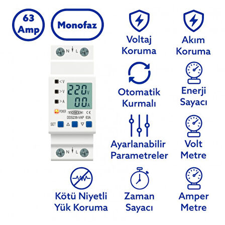 Tomzn Hiking Voltaj ve Akım Koruma Rölesi Yüksek Alçak Gerilim ve Akım Koruyucu Röle 63A