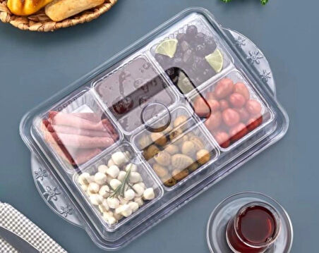 6’lı Şeffaf Kahvaltılık & Çerezlik Set – Tek Kapaklı Pratik Sunum Kabı | Akrilik Taban + Mat Cam Kase – Ev, Ofis, Kamp ve Yazlık İçin
