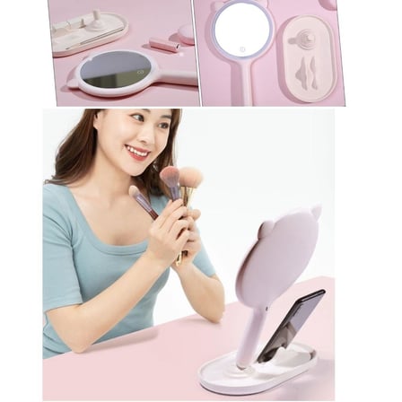 Kedi Kulaklı Telefon Standlı Yuvarlak Dokunmatik Led Ayarlı Masa Üstü Makyaj Aynası (5361)