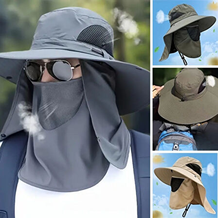 Güneş Koruyuculu Nefes Alabilen Maskeli ve Boyun Kapaklı Geniş Kenarlı Balıkçı Şapkası (5361)