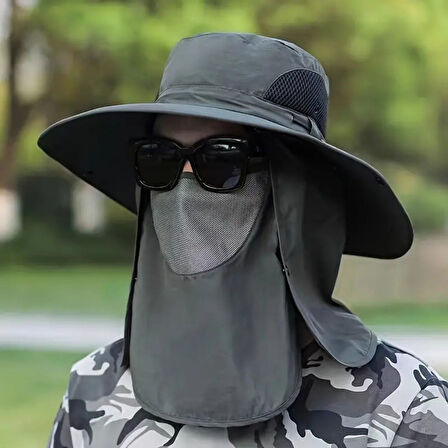 Güneş Koruyuculu Nefes Alabilen Maskeli ve Boyun Kapaklı Geniş Kenarlı Balıkçı Şapkası (5361)