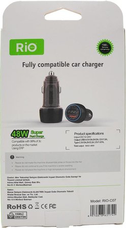 RİO 3.0 48W ARAÇ ŞARJMATİK USB-A VE TYPE-C ÇIKIŞLI ÇAKMAKLIK GİRİŞLİ ARAÇ ŞARJ ADAPTÖRÜ