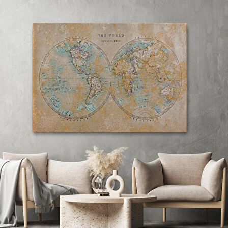 Harita Sepeti Eskitme Dünya Haritası Vintage Dekoratif Kanvas Tablo 1092