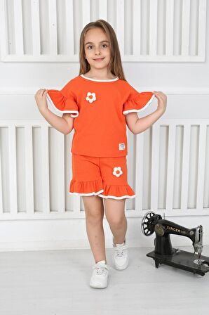 Çiçek Aksesuarlı Yazlık Şortlu Kız Çocuk Takım