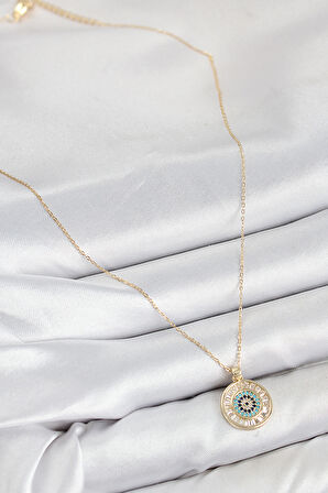 Pirinç Zirkon Taşlı Su Yolu Nazar Model Gold Renk Kadın Kolye