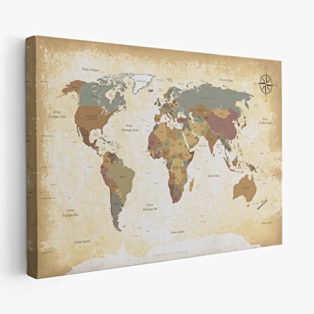 Harita Sepeti Eskitme Dünya Haritası Vintage Dekoratif Kanvas Tablo 1093