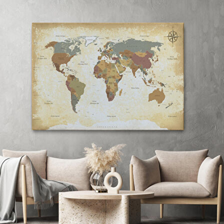 Harita Sepeti Eskitme Dünya Haritası Vintage Dekoratif Kanvas Tablo 1093