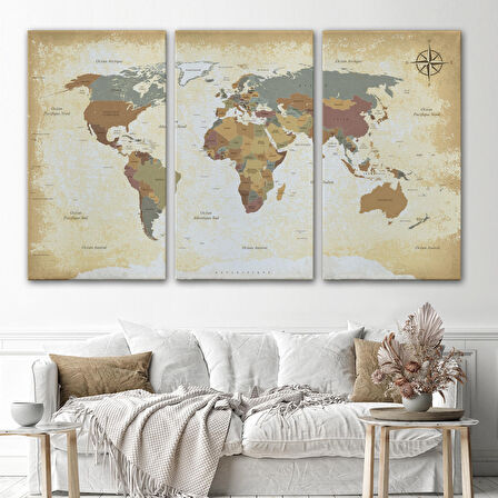 Harita Sepeti Eskitme Dünya Haritası Vintage Dekoratif Kanvas Tablo 1093