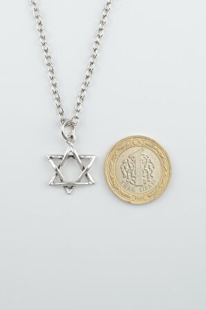 Minimal Pentagram Erkek Kadın Kolye Antik Gümüş Kaplama - 60 cm Düz Zincir