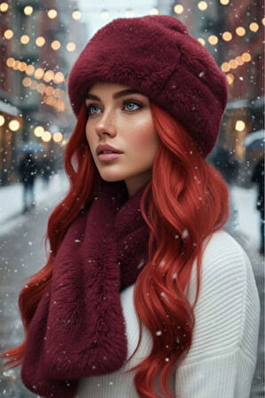 Tezzgelsin Kadın Kışlık Vegan Kürk Peluş Kalpak Şapka ve Atkı Seti