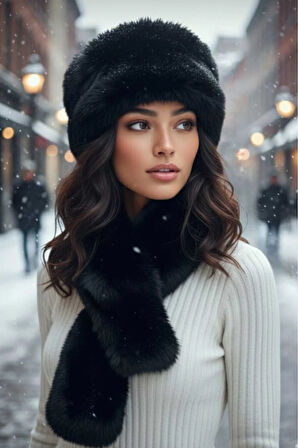 Tezzgelsin Kadın Kışlık Vegan Kürk Peluş Kalpak Şapka ve Atkı Seti