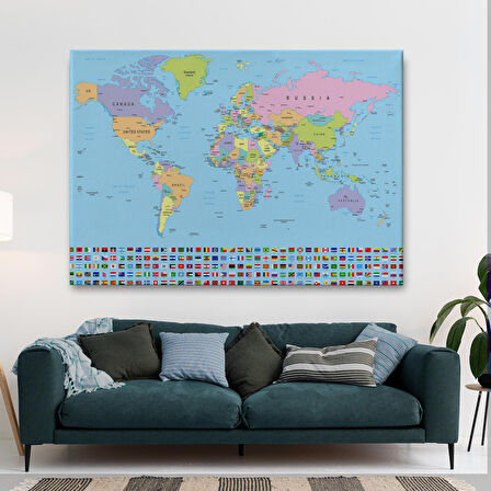 Harita Sepeti Dünya Haritası Bayraklı Dekoratif Kanvas Tablo 1094