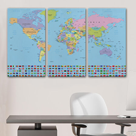 Harita Sepeti Dünya Haritası Bayraklı Dekoratif Kanvas Tablo 1094