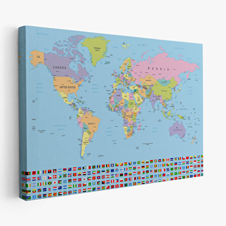 Harita Sepeti Dünya Haritası Bayraklı Dekoratif Kanvas Tablo 1094