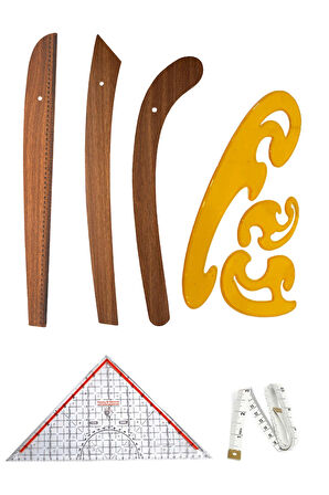 6 Parça Set – 3’lü Modelist Riga Cetvel Seti, Modelist Gönyesi, Pistole Cetvel ve 150 cm Mezura