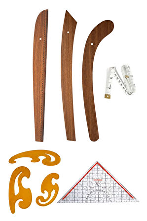 6 Parça Set – 3’lü Modelist Riga Cetvel Seti, Modelist Gönyesi, Pistole Cetvel ve 150 cm Mezura
