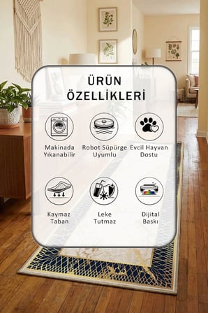 Yıkanabilir Kaymaz Dijital Baskılı Yolluk Halı Tüy Tutmaz Bej