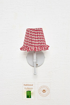 Kırmızı Pötikare Duvar Aydınlatması Metal Beyaz Ayak Kablosuz Pilli Ledli Aplik